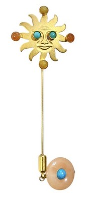 GALE ROTHSTEIN II Gold Tone Sun Face Natural Stone Turquoise Dangling Pin Brooch