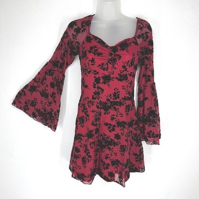 Floral Flocked Burnout Velvet Mesh Bell Sleeve Mini Dress XS Gothic Sweetheart