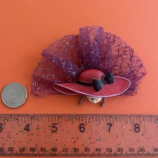 Vtg Brooch Pin Red Hat Society Rhinestone Lady 3D Fabric Lapel Pin