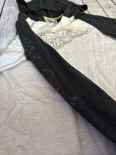Harley Davidson Hoodie Shirt Women's XL Long Sleeve Tan Grey Chains Metal Logo - Picture 10 of 11