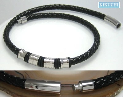 KIKUCHI JEWELRY Collar de cuero de acero inoxidable para hombre negro 50 cm collar de cuero sintético superior