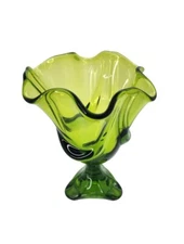 Viking Glass Swung Vase Epic Drape Footed Flared Green 7.5 In Tall Tri Footed