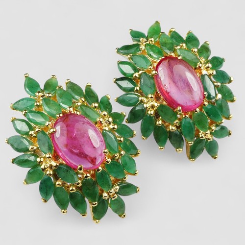 Red Ruby Cabochon & Green Emerald 925 Sterling Silver 24K Gold Plated Earrings - Picture 2 of 7