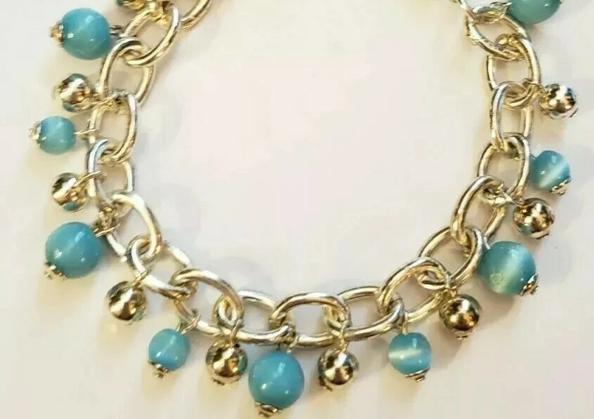 Handcrafted Blue Aqua Silver Tone Moonglow Glass Beaded Beads Dangle Bracelet Foto 4 de 4