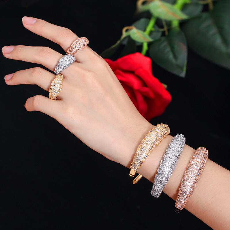 Women Chunky Gold Plated Cuff Bangle Bracelet Ring CZ Zircon Wedding Jewelry Set