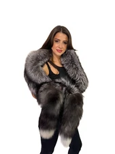 Double Sided Silver Fox Fur Stole 63'' (160cm) Detachable Tails Saga Furs