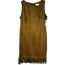 Shelby & Palmer Brown Faux Suede Stretch Sheath Dress 14 NWT Fringe Hem