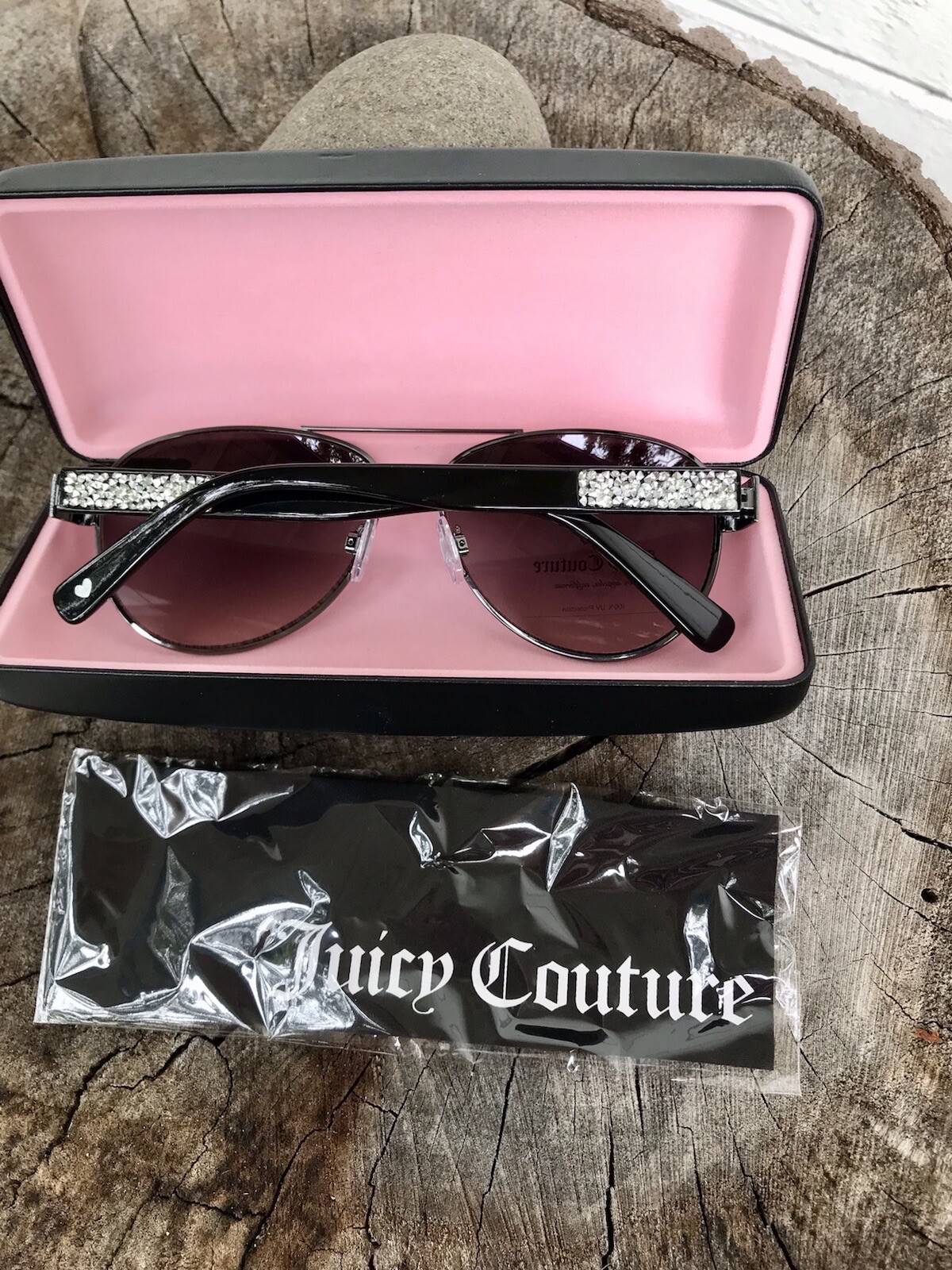 Juicy Couture Black Bling Aviator Sunglasses Black Logo Case/ Cloth NWT
