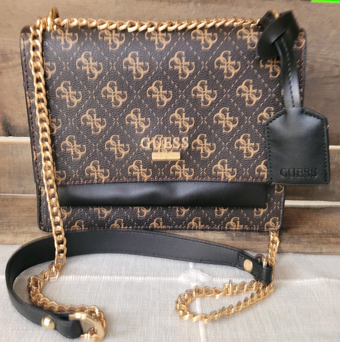 GUESS Crossbody Shoulder Bag Brown Logo Print with Gold Chain