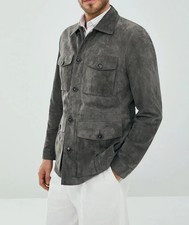Men's Gray Suede Field Jacket 4-Pocket Military Utility Coat Premium Grey Jacket