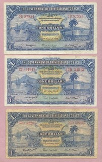 (3) Trinidad and Tobago One Dollar 1939 1942 1943 P 5abc
