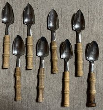Vtg MCM JAPAN Stainless Steel Grapefruit Spoons Set Of 8 Wood Bamboo Look Handle