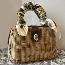 1960s British Hong Kong VINTAGE Hand Made Wicker Frame Bag with Leather Strap