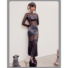 New Cider Maxi Dress Small Black Lace Satin Asymmetrical Patchwork Goth Grunge
