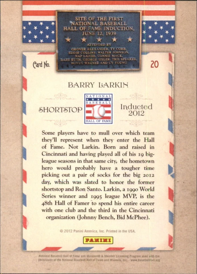 2012 Panini Cooperstown HOF Classes Induction Year #20 Barry Larkin - BB - Image 2 of 2