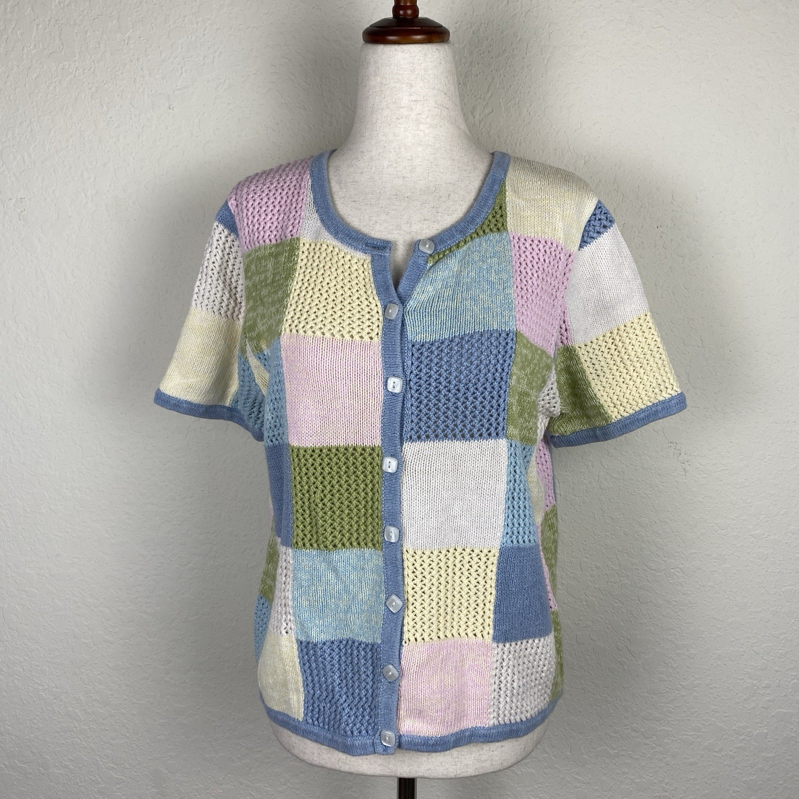 Vtg Christopher L Knit Top Patchwork Cottage Butt… - image 1