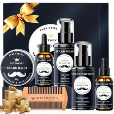 7 Pc Beard Growth Kit Includes Wash Oil Conditioner Balm Comb Gift Box Set Men