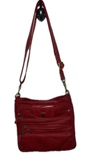Ili Red Genuine Leather Crossbody Bag/Purse Multiple Pockets Medium Size EUC