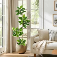 Fiddle Leaf Fig Tree Artificial Indoor, 5 ft Tall Faux Rubber Tree with Spher...