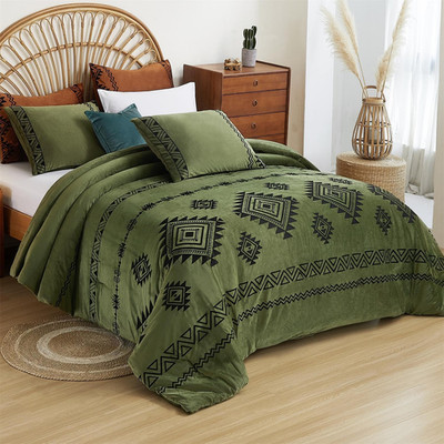 Bohemian Olive Green Velvet Comforter Set, Ultra Soft 3-Piece Queen Bedding