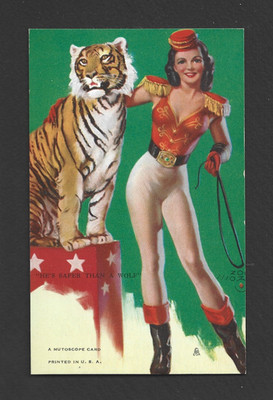 VINTAGE MUTOSCOPE CARD - TIGER TAMER BY ZOE MOZERT - ''HE'S SAFER THAN A WOLF''