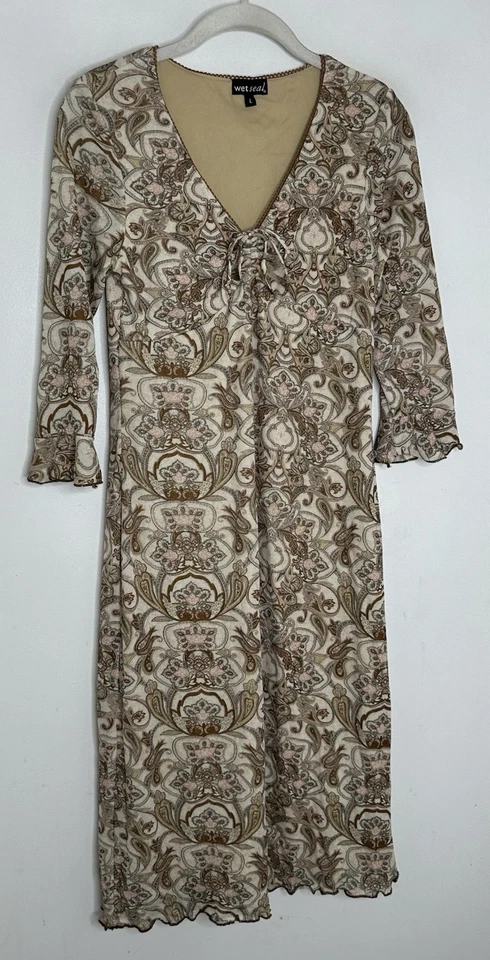 Винтажный 90-х влажная печать коричневый пейсли фея флаттер рукав коттеджкор платье Sz L - Изображение 2 из 4