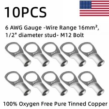 10PCS Tinned Copper Cable Ends 6AWG Wire Lugs 1/2" Ring Crimp Battery Terminals