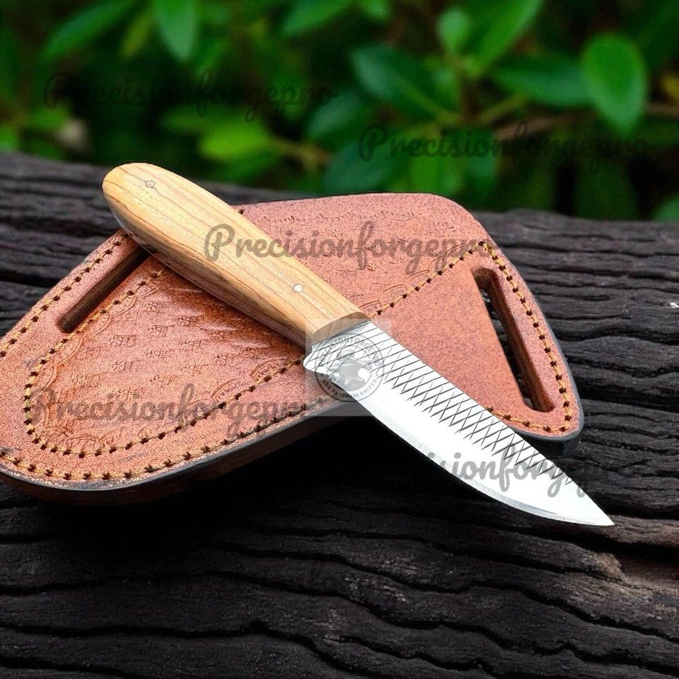 Ковбойский нож ручной работы из малиновой стали с деревянной ручкой Kao и тонкими кожаными ножнами - Изображение 4 из 4