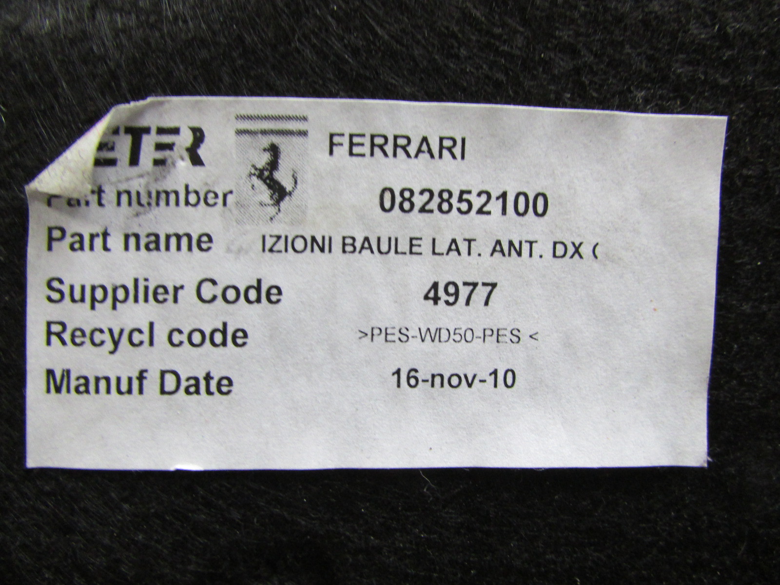 Ferrari California, RH, Right Forward Trunk Carpet, Used, P/N 82852100
