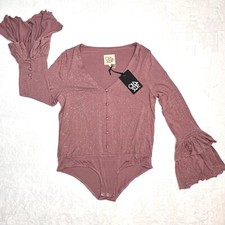 Chaser Glitter Bodysuit Sz M Pink With Ruffle Flared Long Sleeves  V Neck New
