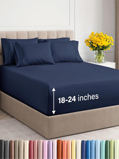 Luxury Extra Deep Cal King Sheet Set - Soft, Cooling, Wrinkle-Free - Navy Blue