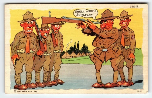 US Army Military Postcard Rifle Gun Sergeant 1940's War Linen WW2 Humor 1944