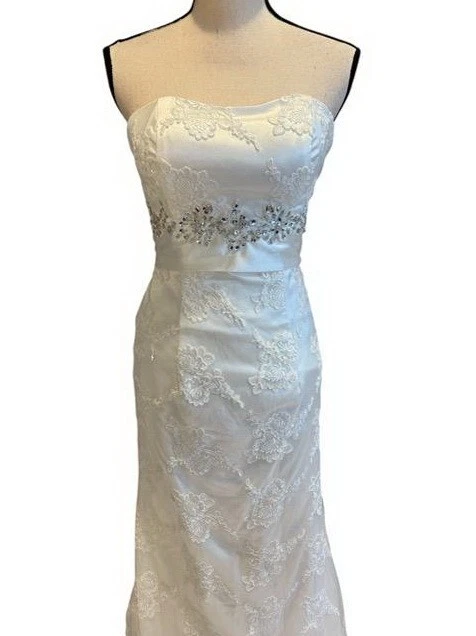 Vestido de novia blanco sin tirantes bordado con cuentas lentejuelas superpuesto de encaje talla 6 $525 Foto 3 de 3
