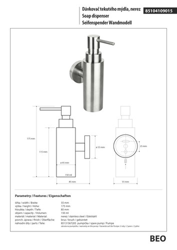 BEO Seifenspender Edelstahl matt 150 ml für Bad & Küche > zum Bohren oder Kleben - Bild 2 von 6