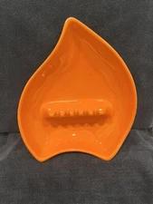 Vintage MCM Ashtray Orange And Wood Look California Pottery Triangle Leaf Shape