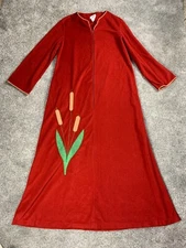 Vtg 70s Smart Time House Dress Large Red Robe Long Sleeve Granny Cottage