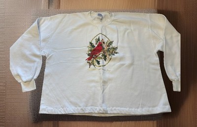 Vtg 1980 Woman Gildan Sweater Sz XL Cardinal Birds  Knit Gold Trim White
