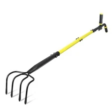  Garden Cultivator Long Handle, 4-Tine Cultivator Rake with Auxiliary Handle, 