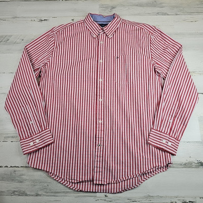 Tommy Hilfiger Button Up Shirt Mens XL Red White Plaid Long Sleeve Flag