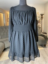 Black Swiss Dot Off Shoulder Dress L Smocked Waist Peasant Boho Mini Cottagecore