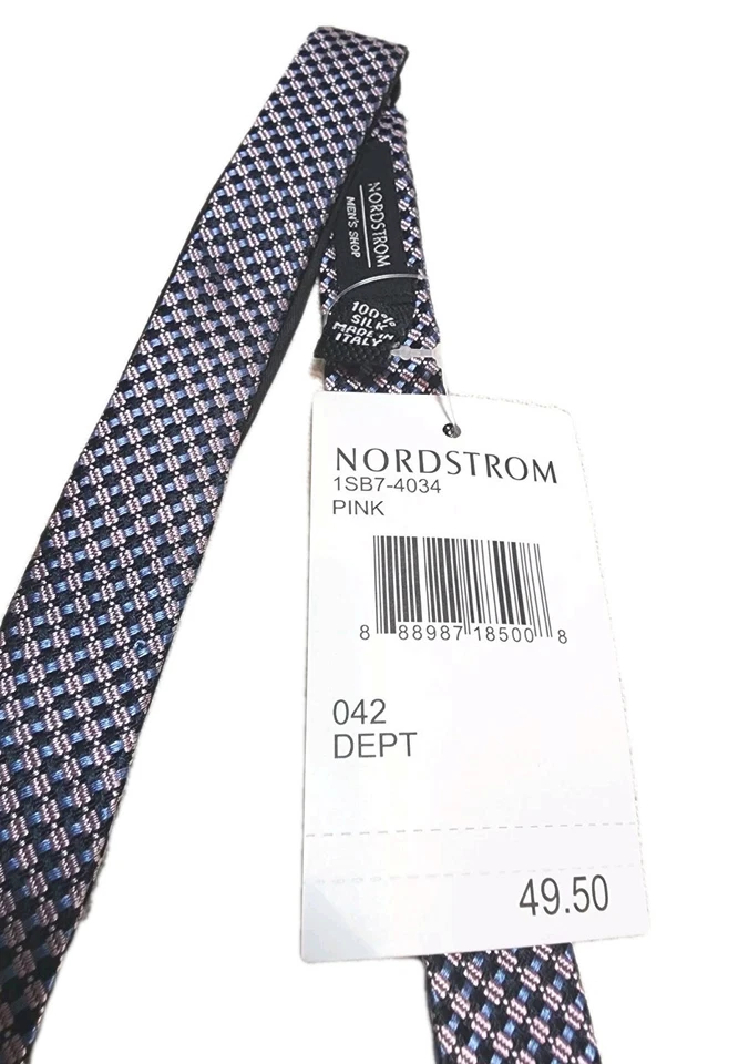 NWT Nordstrom Men Checkered 100% Silk Bow Tie Blue Pink Italy Made Work Wedding - Image 4 of 4