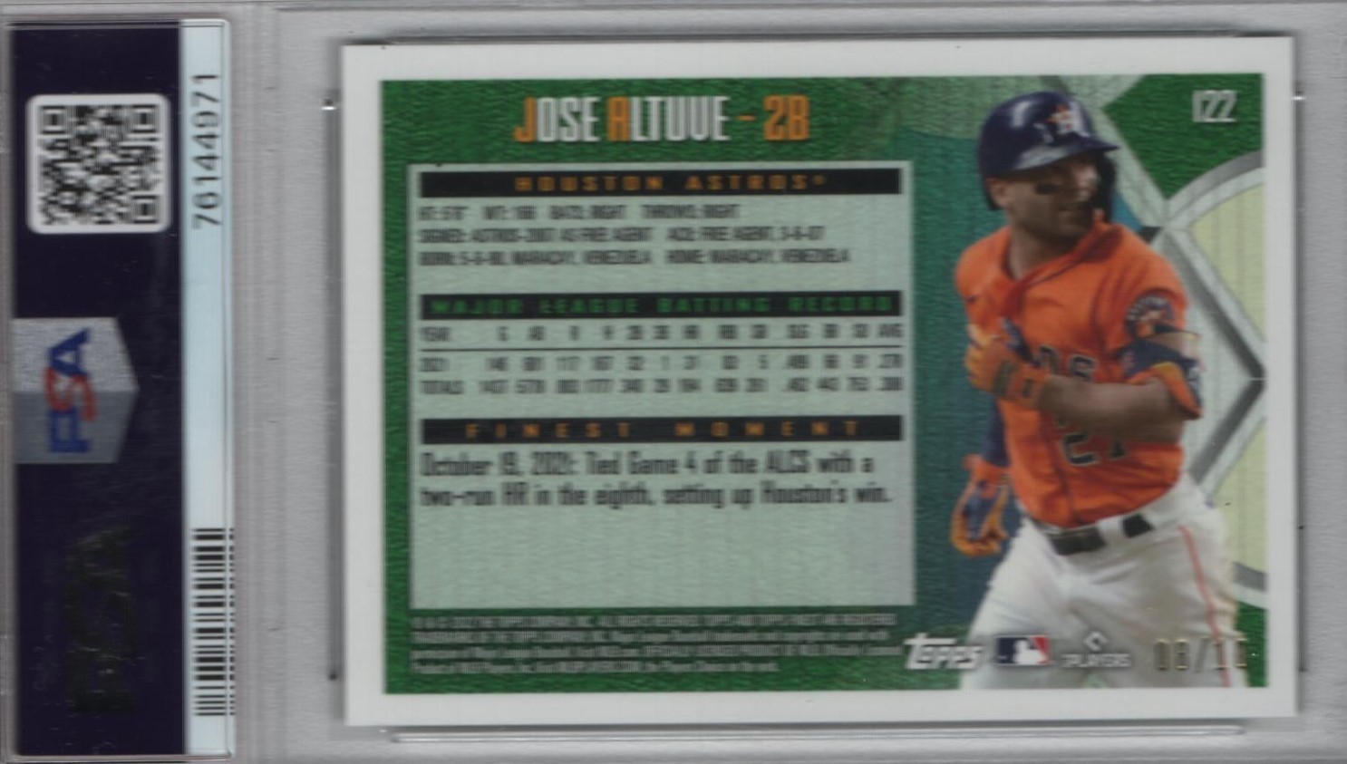 Jose Altuve 2022 Finest Flashbacks Protector Refractor # 122 08/10 PSA 10 view 2