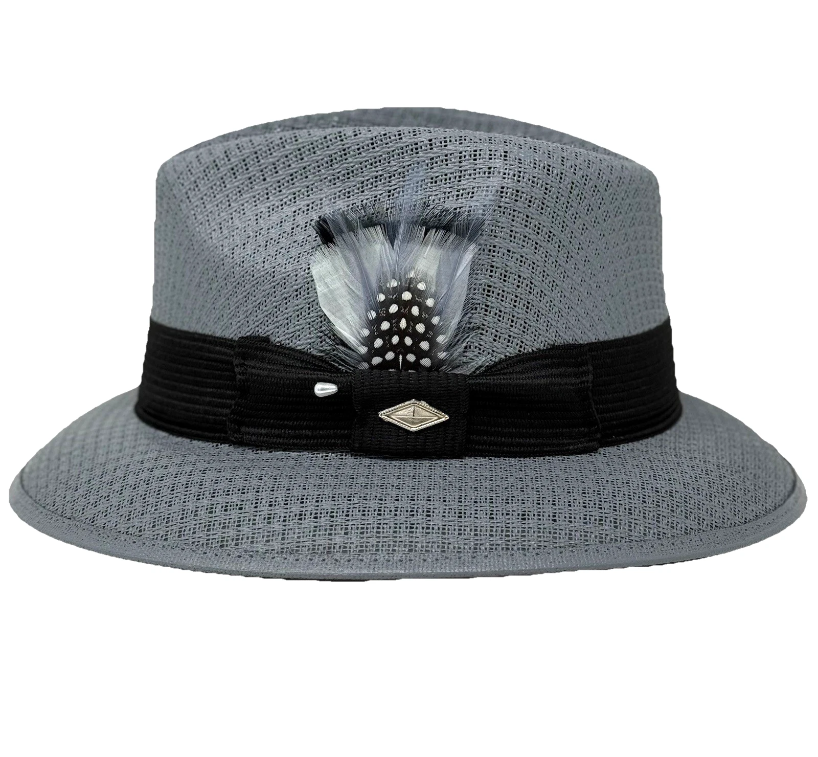 Whittier Viejo Lowrider Fedora Straw Hat Mens Grey With Grey & White Feather