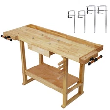 55 Inch Wood Workbench with Bar Clamps Set Garage Workshop Table Rubber Wood