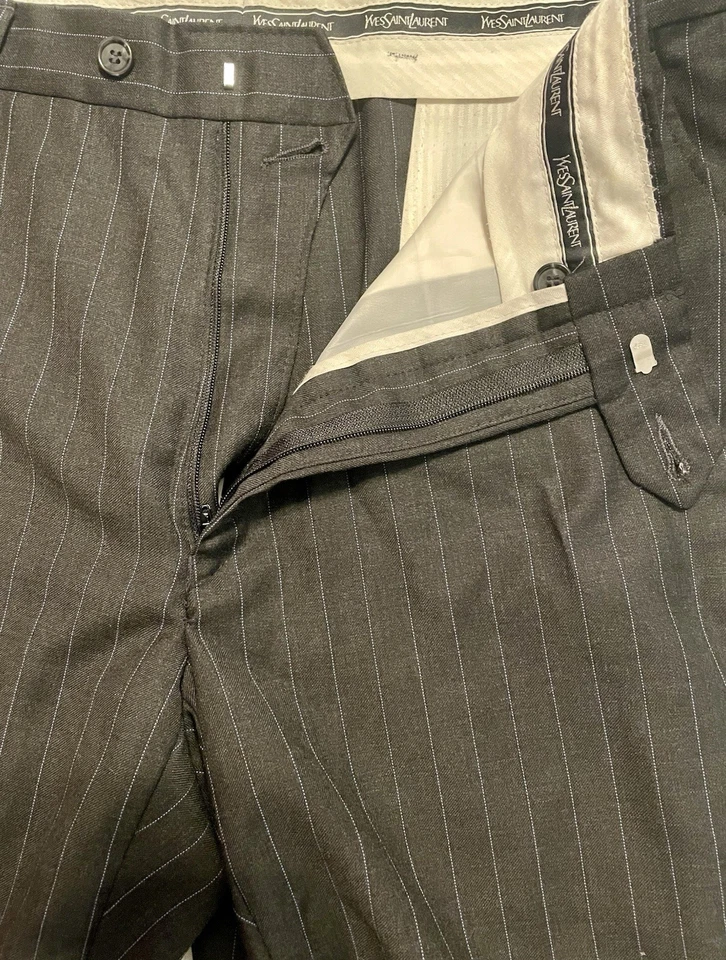 VTG Yves Saint Laurent Pants Mens•36x29 Wool Pleated Black Pinstripe Trouser YSL - Image 4 of 4