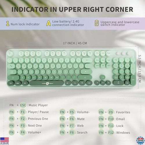 Wireless Keyboard & Mouse Combo - 104 Round Keys Retro Typewriter - Green - Picture 3 of 6