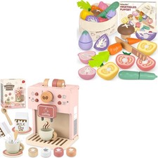 Wooden Play Food Sets for Kids Kitchen and Wooden Coffee Toys Pretend Play To...