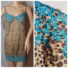 Victoria's Secret Sz M Leopard Print Nightie Blue Embroidery Sheer Stretch Mesh