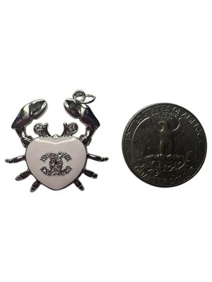 Chanel Silver Crab Heart Zipper Pull Charm with White Enamel