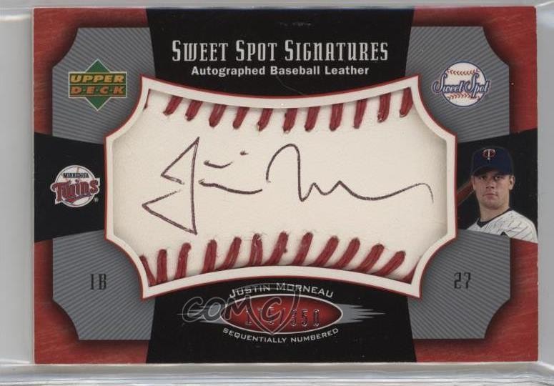 2005 Sweet Spot Signatures Red Stitched Black Ink 70/350 Justin Morneau Auto v9t